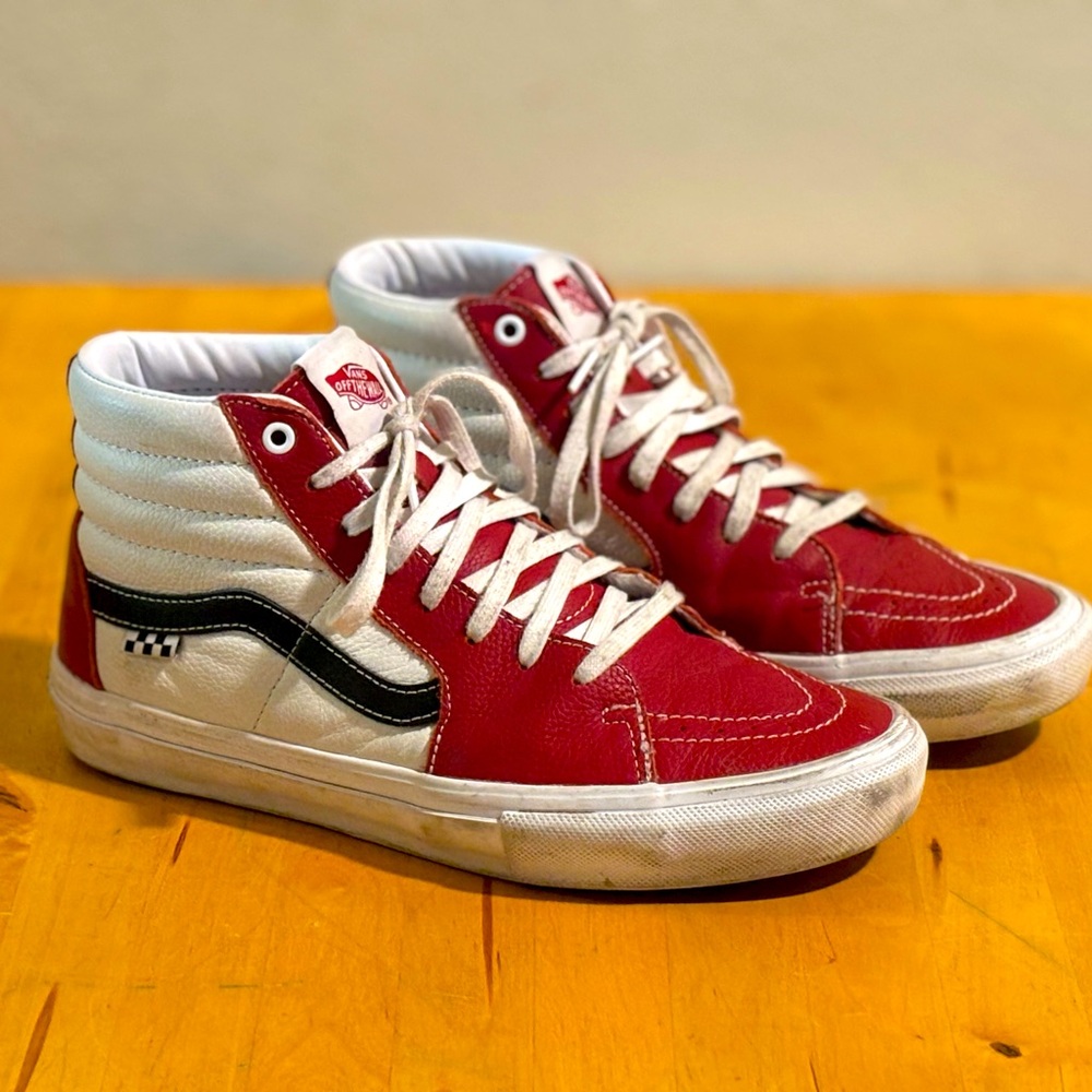 Vans high top shoes red & white size 10